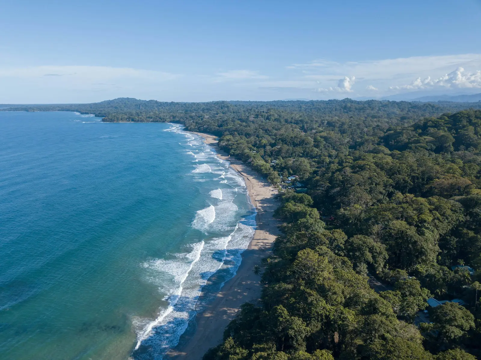 Aerial view of Cocles beach and rainforest near Puerto Viejo on Costa Rica's Caribbean coast